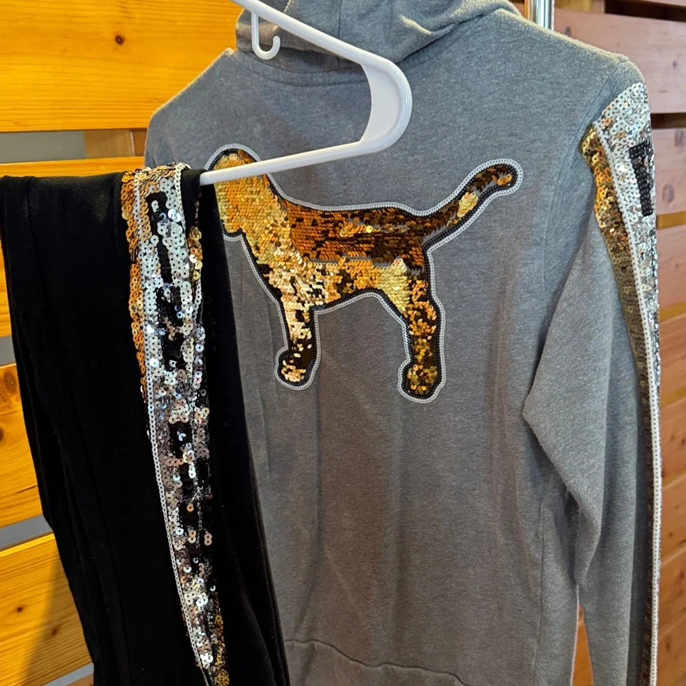 PINK Victoria's Secret Gray and Black Sequin Hoodie Set - Picture 4 of 4